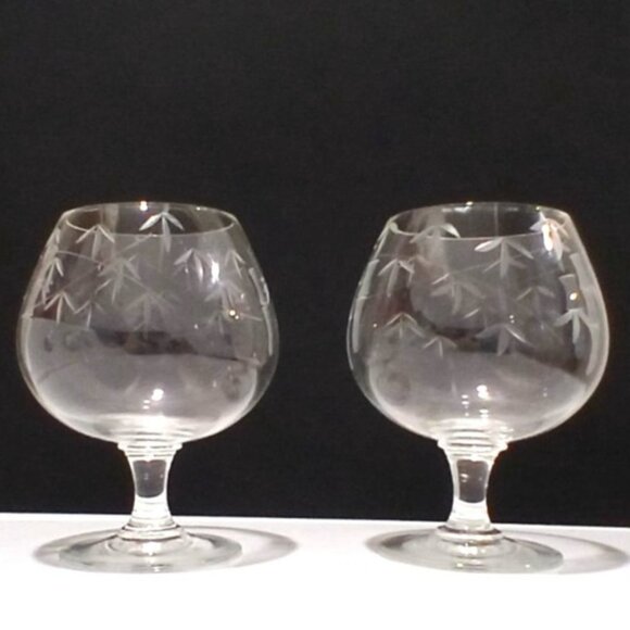 Vintage 70s Noritake Etched Glass Brandy Snifters Set Of 2 Bamboo Japan Asian - Picture 2 of 4